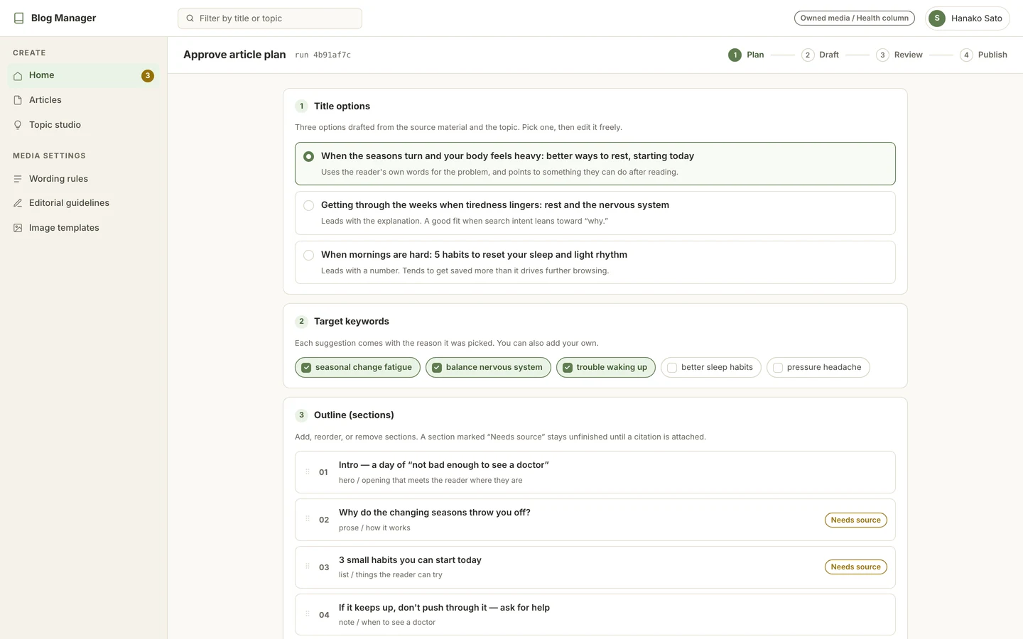 The plan approval screen: AI-drafted title options, target keywords and the proposed outline.