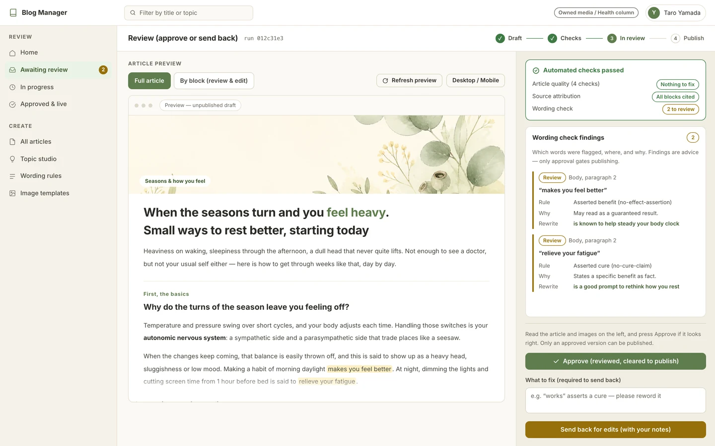 The AI Blog Generator review screen: the generated article and its image on the left, approve and revise controls on the right.