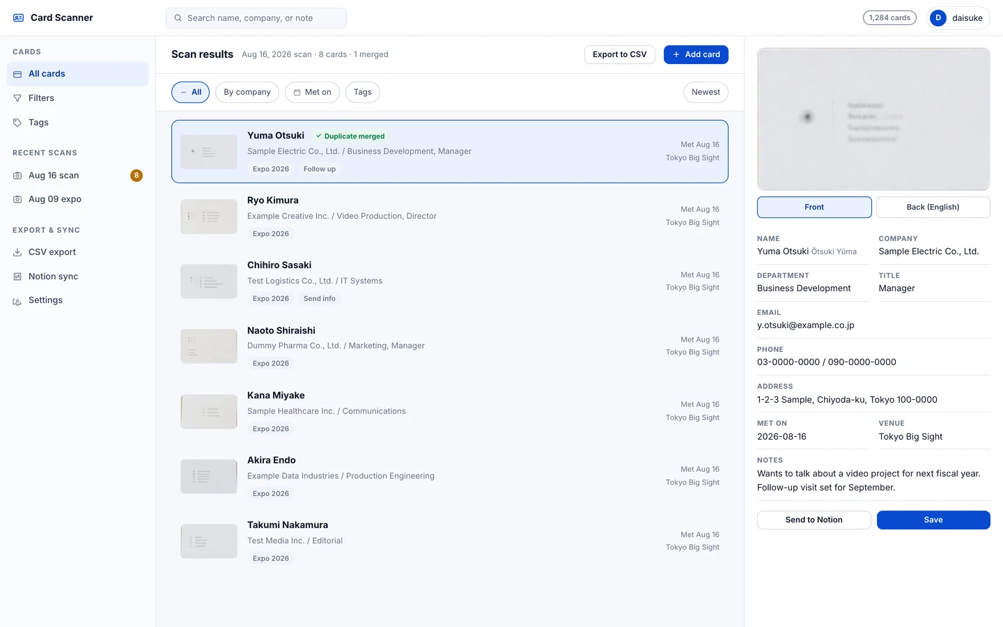 The results list: card thumbnails with names and companies, one carrying a "duplicate merged" badge.