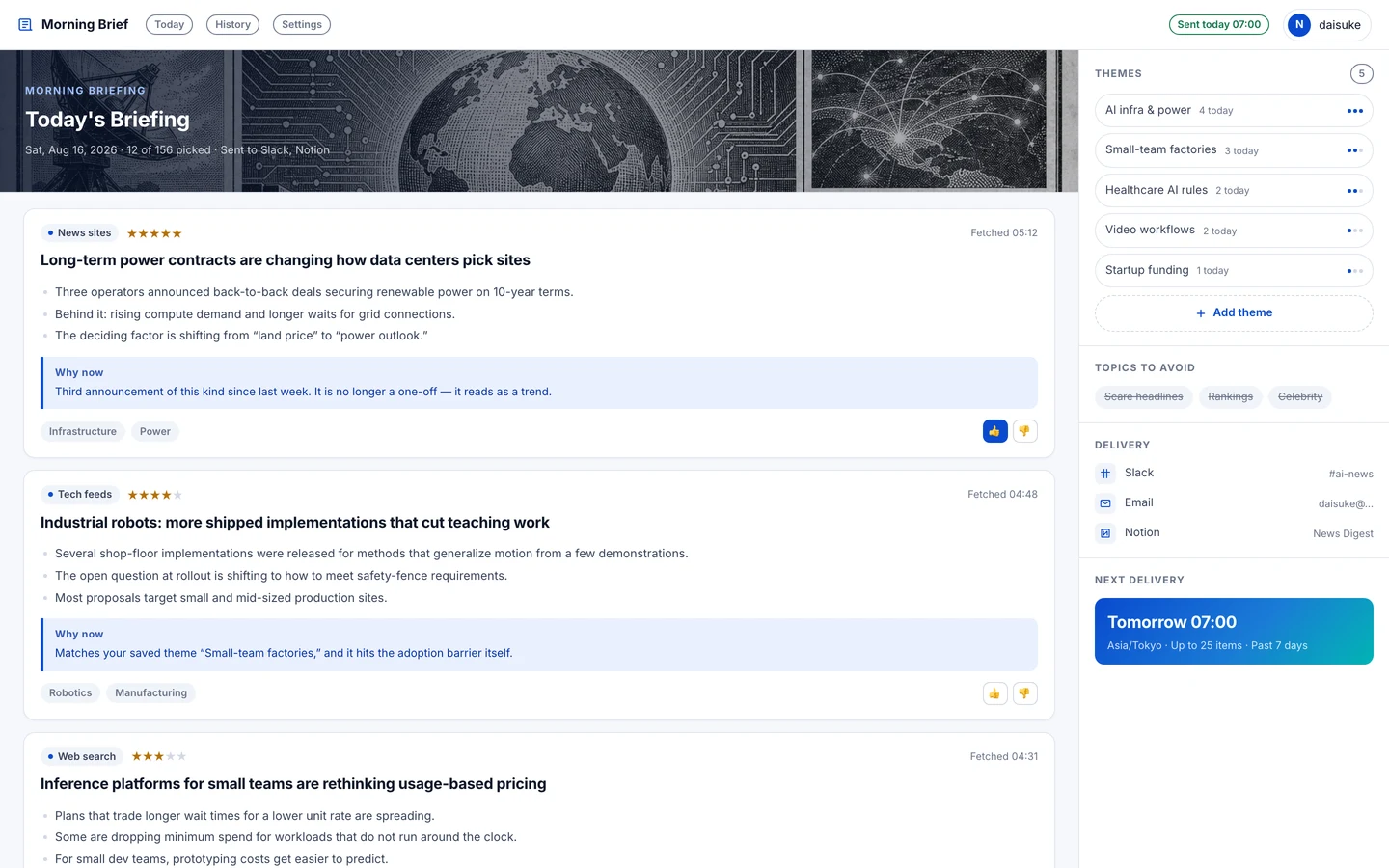 The AI News Curator morning briefing: a column of article cards with a theme panel on the right.