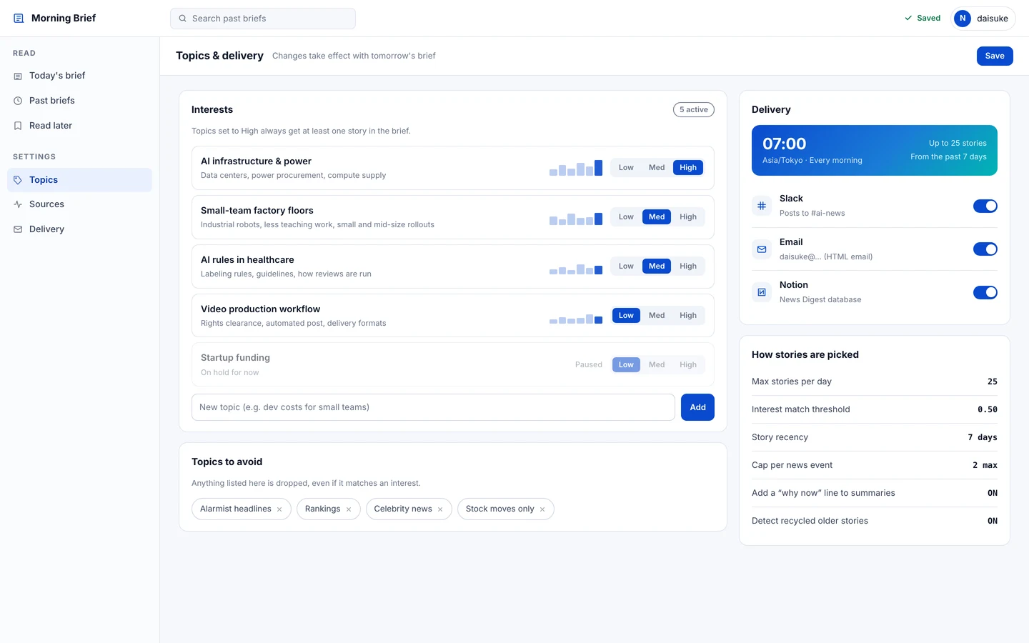 The themes and delivery settings screen, with the theme list and controls for destination and time.