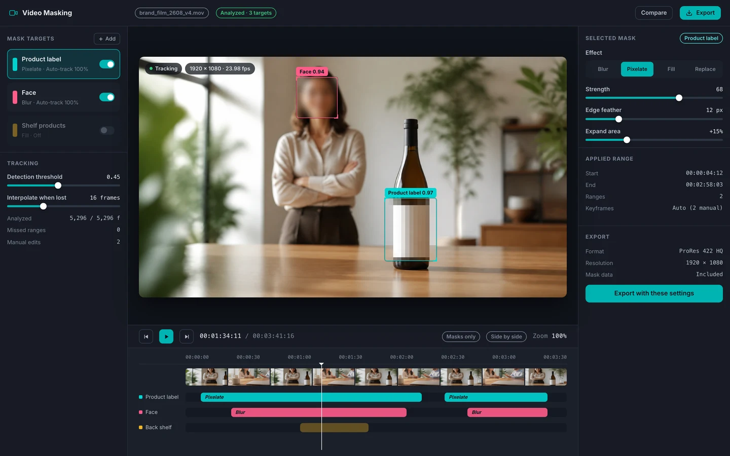 The Video Masking AI editor: a bottle label and a face processed in the preview, with a timeline track per target below.